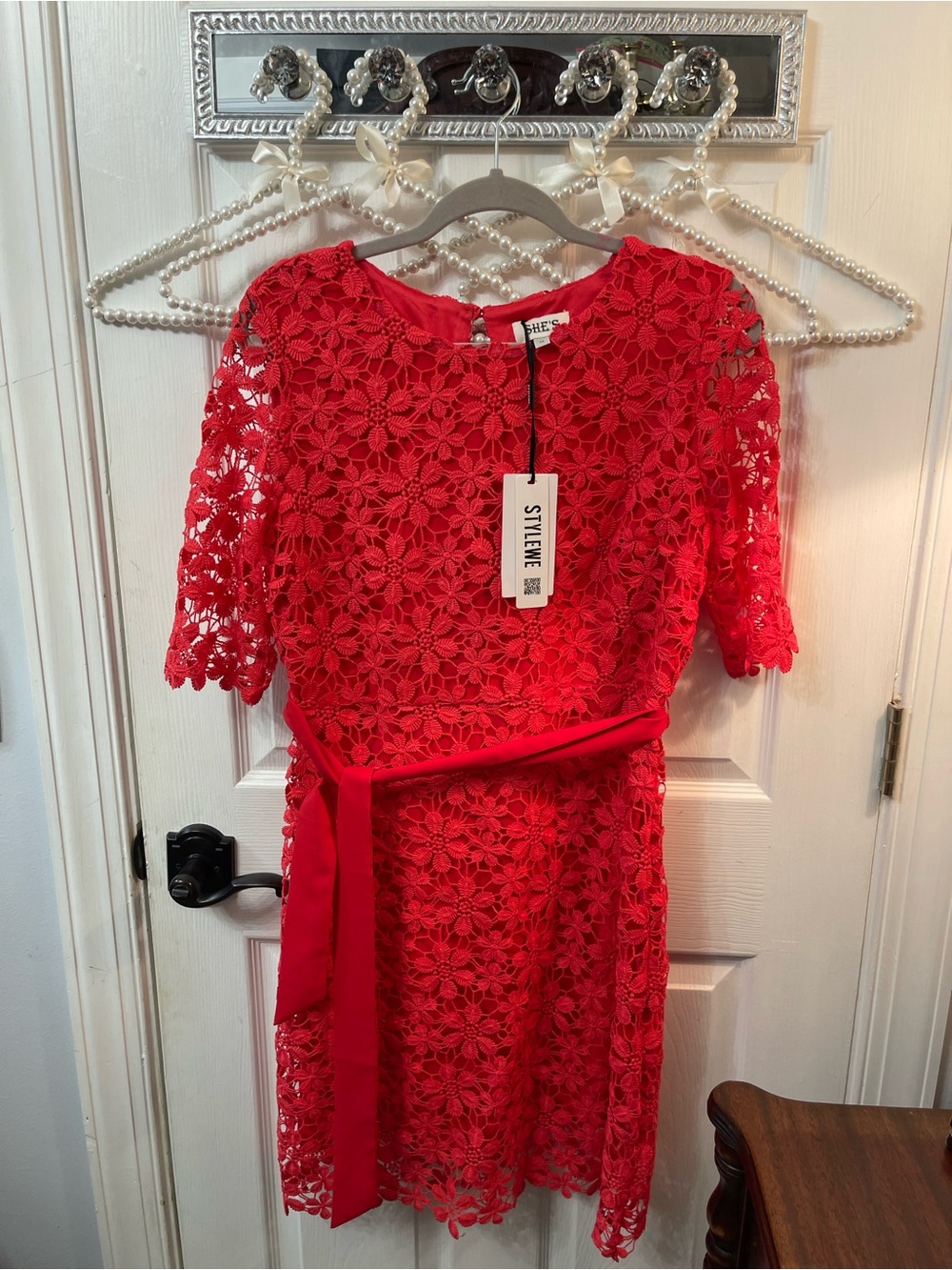 STYLEWE Red Floral Lace Belted Mini Dress
